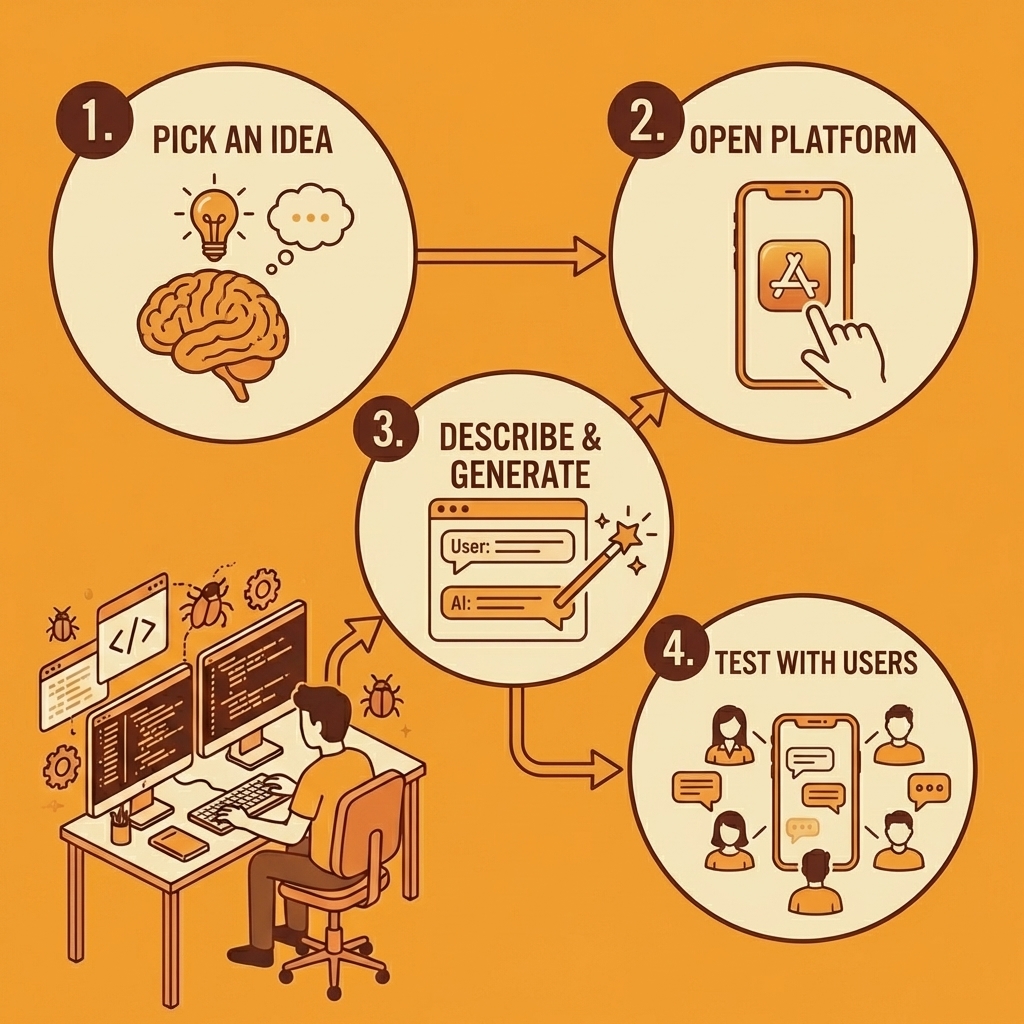 Three numbered steps: Pick an idea, Open platform, Describe and generate, Test with users